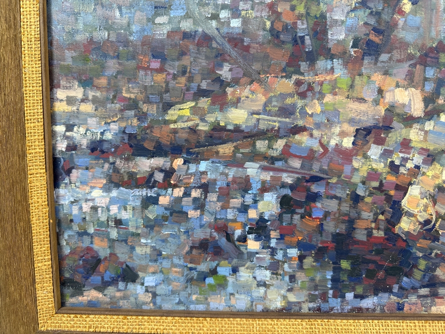 Original Impressionist Pointillism Landscape Painting On Canvas Unsigned Artist Unknown 20 X 16 Framed 26 X 22 [Photo 7]