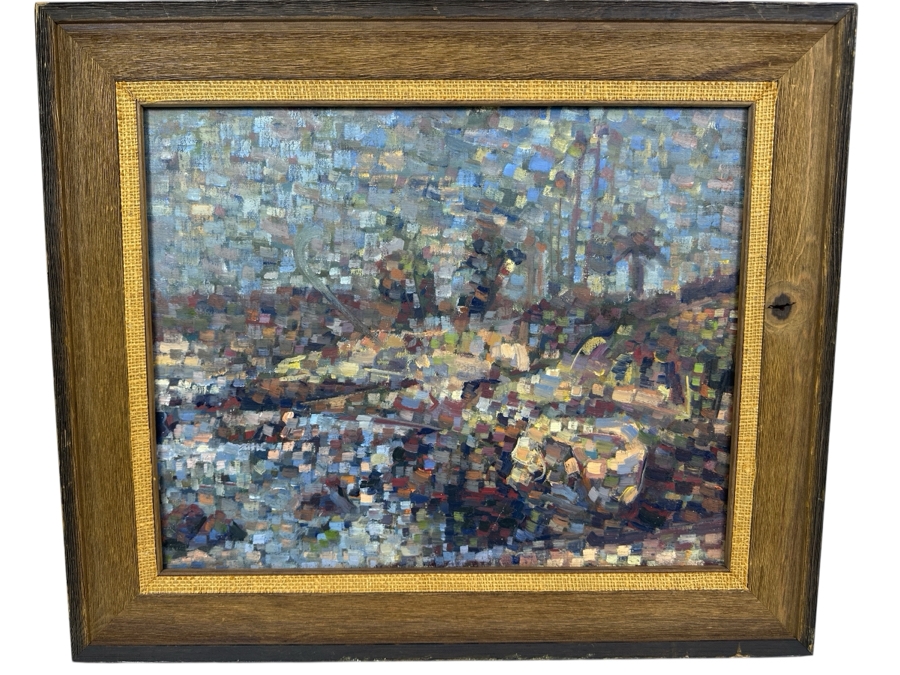 Original Impressionist Pointillism Landscape Painting On Canvas Unsigned Artist Unknown 20 X 16 Framed 26 X 22 [Photo 2]