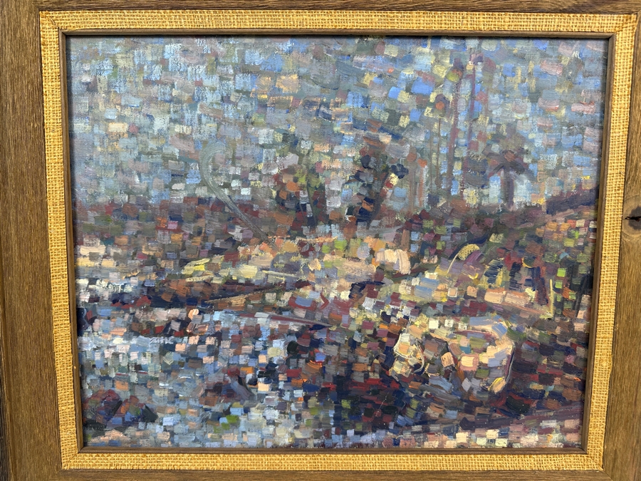 Original Impressionist Pointillism Landscape Painting On Canvas Unsigned Artist Unknown 20 X 16 Framed 26 X 22 [Photo 1]