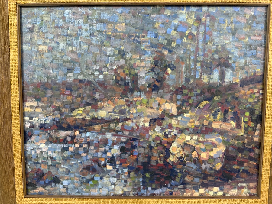 Original Impressionist Pointillism Landscape Painting On Canvas Unsigned Artist Unknown 20 X 16 Framed 26 X 22 [Photo 3]