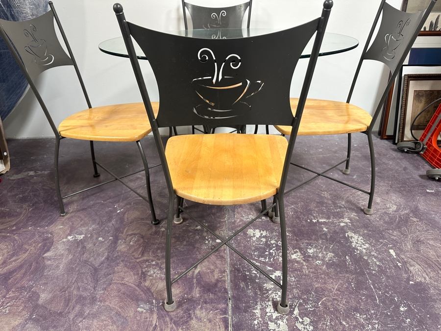 Just Added - Metal Glass and Wood Bistro Set (4) Chairs and Table 42'R [Photo 2]