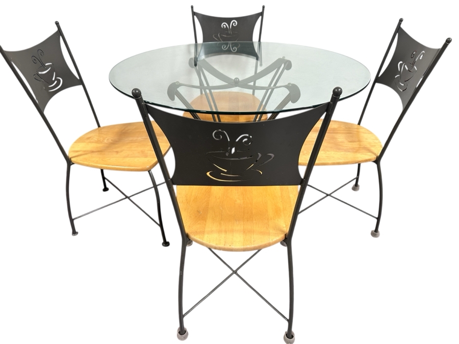 Just Added - Metal Glass and Wood Bistro Set (4) Chairs and Table 42'R [Photo 1]