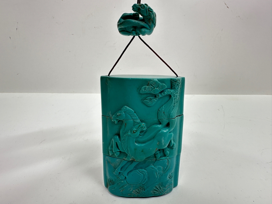 Just Added - Japanese Resin Inro Box with Horse Motif and Dog Netsuke 2.25'W x 3.5'H [Photo 15]