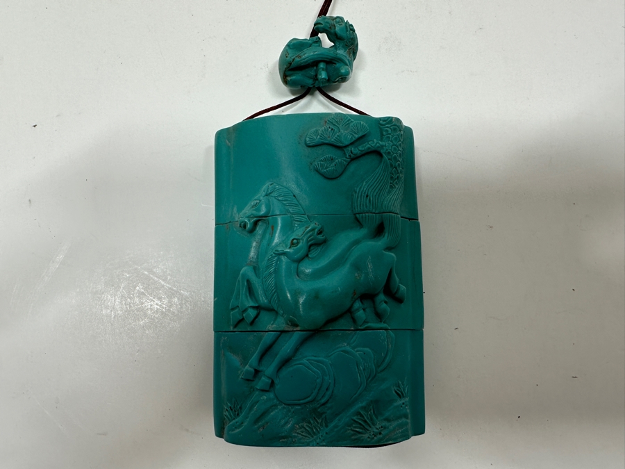 Just Added - Japanese Resin Inro Box with Horse Motif and Dog Netsuke 2.25'W x 3.5'H [Photo 2]