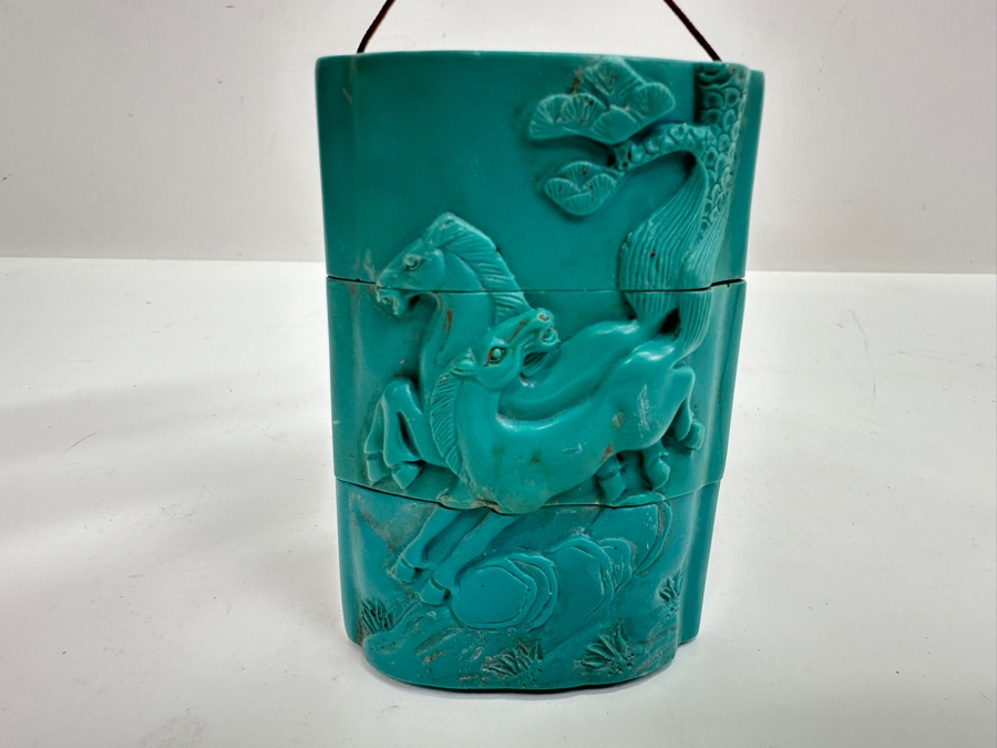 Just Added - Japanese Resin Inro Box with Horse Motif and Dog Netsuke 2.25'W x 3.5'H [Photo 16]
