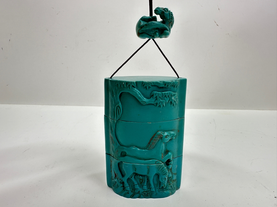 Just Added - Japanese Resin Inro Box with Horse Motif and Dog Netsuke 2.25'W x 3.5'H [Photo 14]