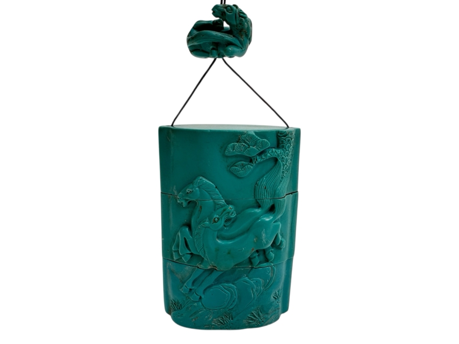 Just Added - Japanese Resin Inro Box with Horse Motif and Dog Netsuke 2.25'W x 3.5'H [Photo 1]
