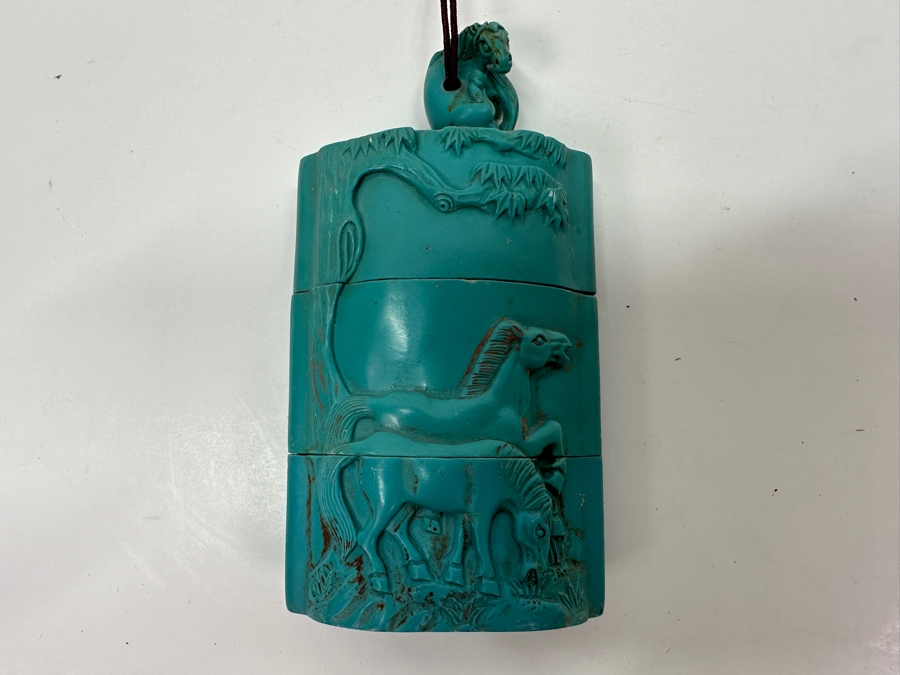 Just Added - Japanese Resin Inro Box with Horse Motif and Dog Netsuke 2.25'W x 3.5'H [Photo 7]