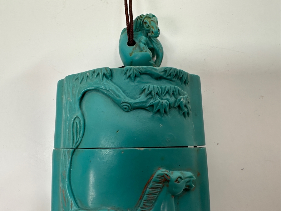 Just Added - Japanese Resin Inro Box with Horse Motif and Dog Netsuke 2.25'W x 3.5'H [Photo 9]