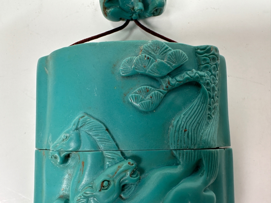 Just Added - Japanese Resin Inro Box with Horse Motif and Dog Netsuke 2.25'W x 3.5'H [Photo 3]