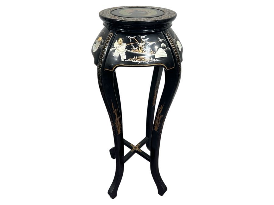 Just Added - Chinoiserie Black Lacquer Plant Stand with Mother of Pearl Inlay 36'H [Photo 1]