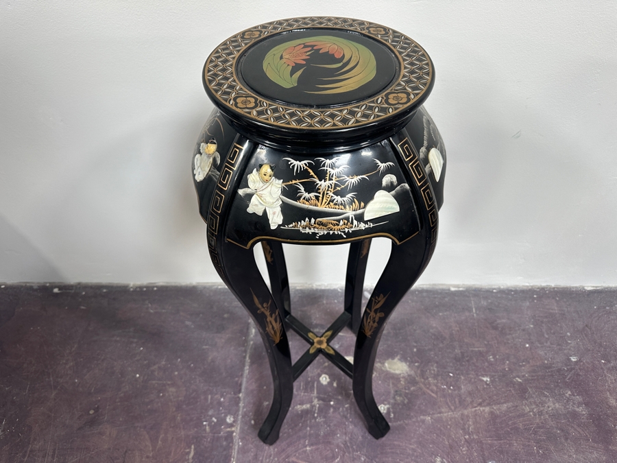 Just Added - Chinoiserie Black Lacquer Plant Stand with Mother of Pearl Inlay 36'H [Photo 2]