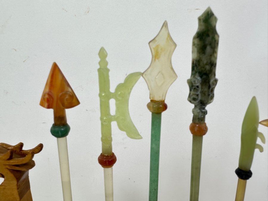 Just Added - Miniature Chinese Weapons and Wooden Stand Made of Semi-Precious Stones and Jade 8.5'W x 7.5'H [Photo 2]