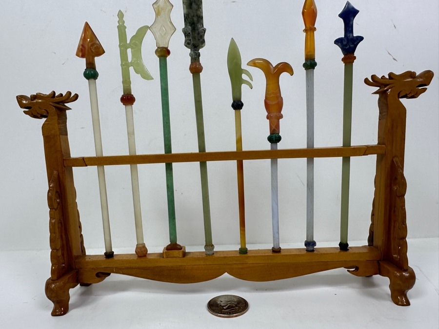 Just Added - Miniature Chinese Weapons and Wooden Stand Made of Semi-Precious Stones and Jade 8.5'W x 7.5'H [Photo 8]