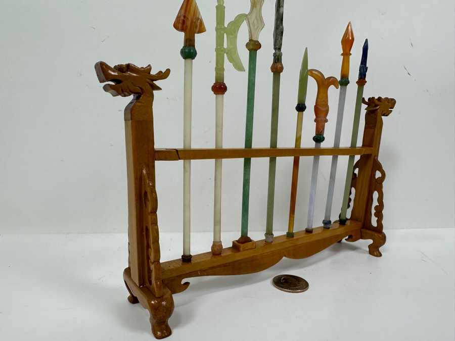Just Added - Miniature Chinese Weapons and Wooden Stand Made of Semi-Precious Stones and Jade 8.5'W x 7.5'H [Photo 9]