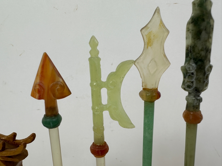 Just Added - Miniature Chinese Weapons and Wooden Stand Made of Semi-Precious Stones and Jade 8.5'W x 7.5'H [Photo 3]