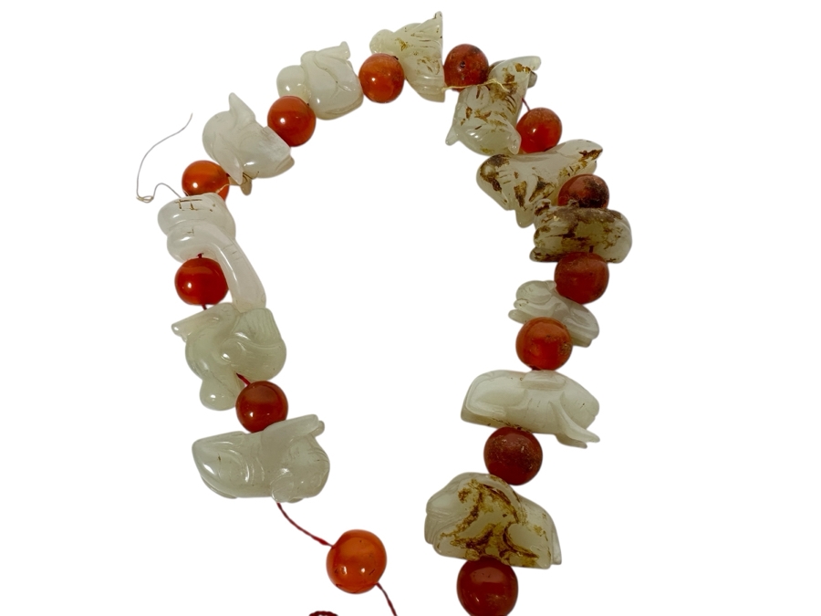 Just Added - Vintage Chinese Carved Jade Zodiac Figurine Beads & Carnelian Beads 10'L