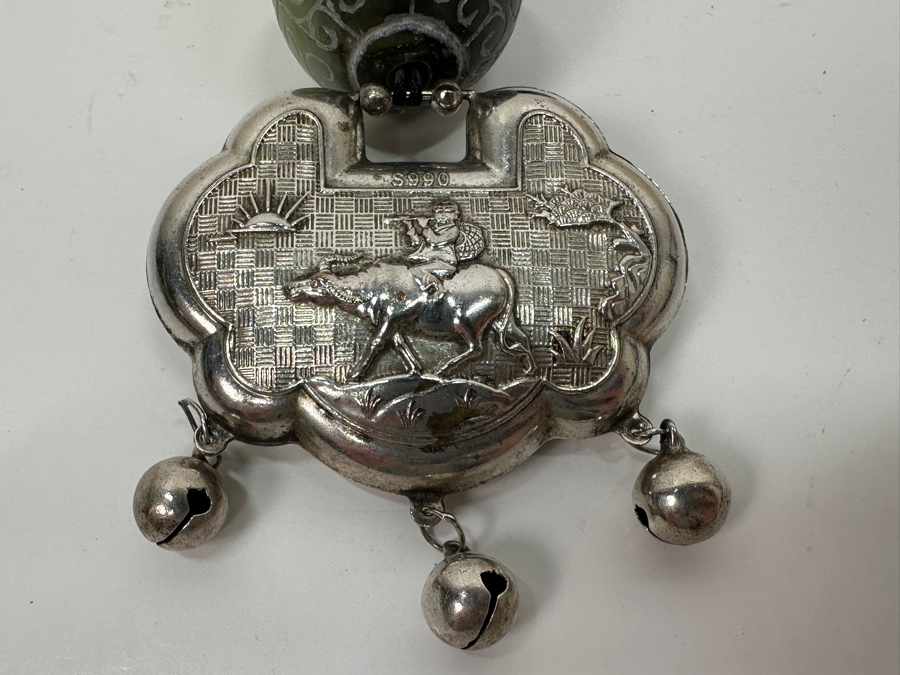 Just Added - Stunning Chinese Statement Necklace With 99% Silver Double-Sided Pendant And Carved Green Stone Ball 78.8g [Photo 9]