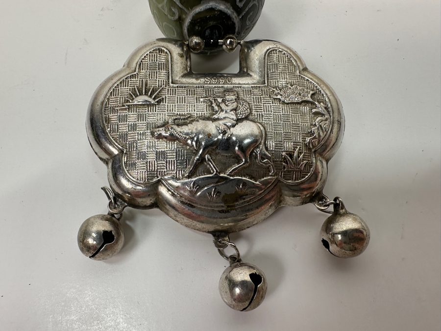 Just Added - Stunning Chinese Statement Necklace With 99% Silver Double-Sided Pendant And Carved Green Stone Ball 78.8g [Photo 10]