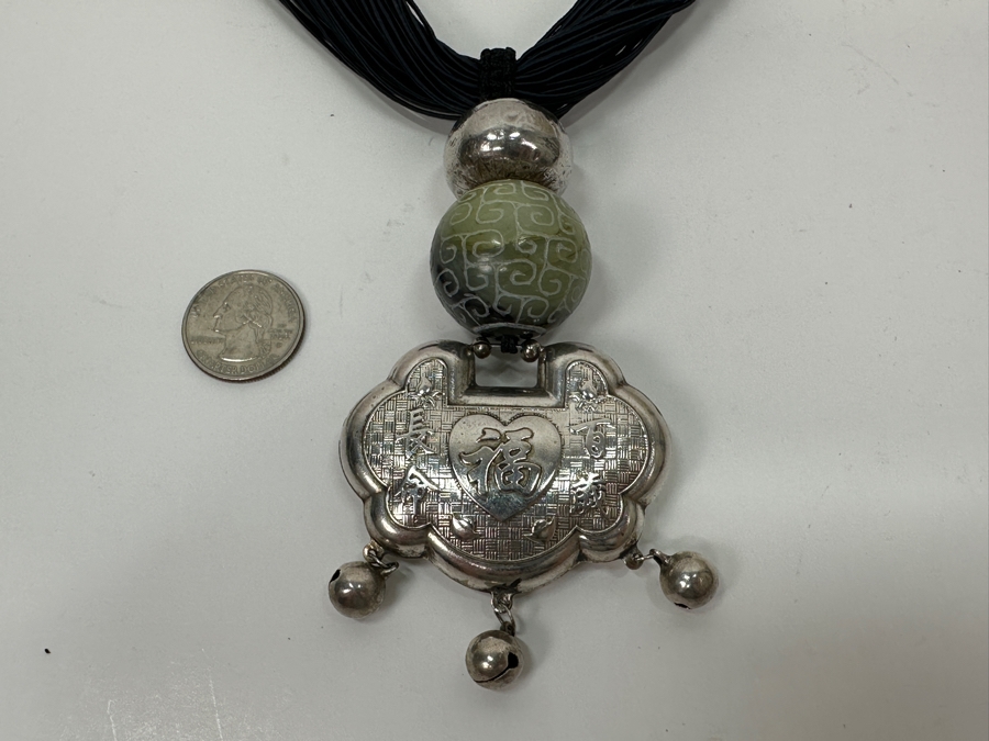 Just Added - Stunning Chinese Statement Necklace With 99% Silver Double-Sided Pendant And Carved Green Stone Ball 78.8g [Photo 8]