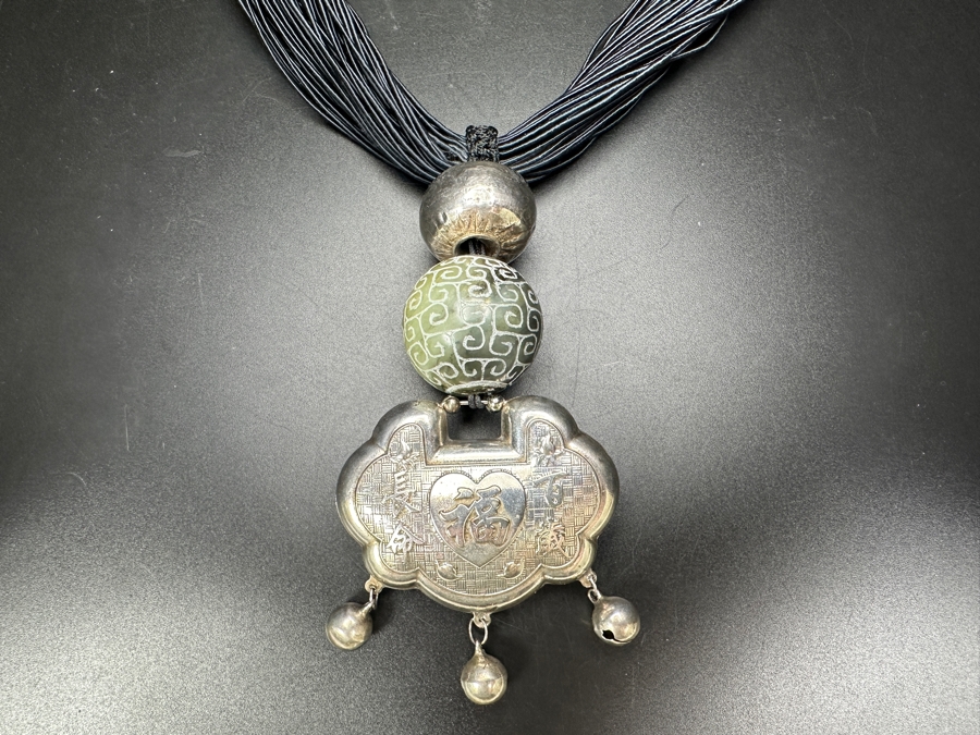 Just Added - Stunning Chinese Statement Necklace With 99% Silver Double-Sided Pendant And Carved Green Stone Ball 78.8g [Photo 17]