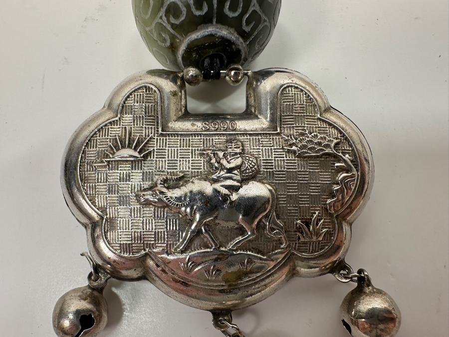 Just Added - Stunning Chinese Statement Necklace With 99% Silver Double-Sided Pendant And Carved Green Stone Ball 78.8g [Photo 12]