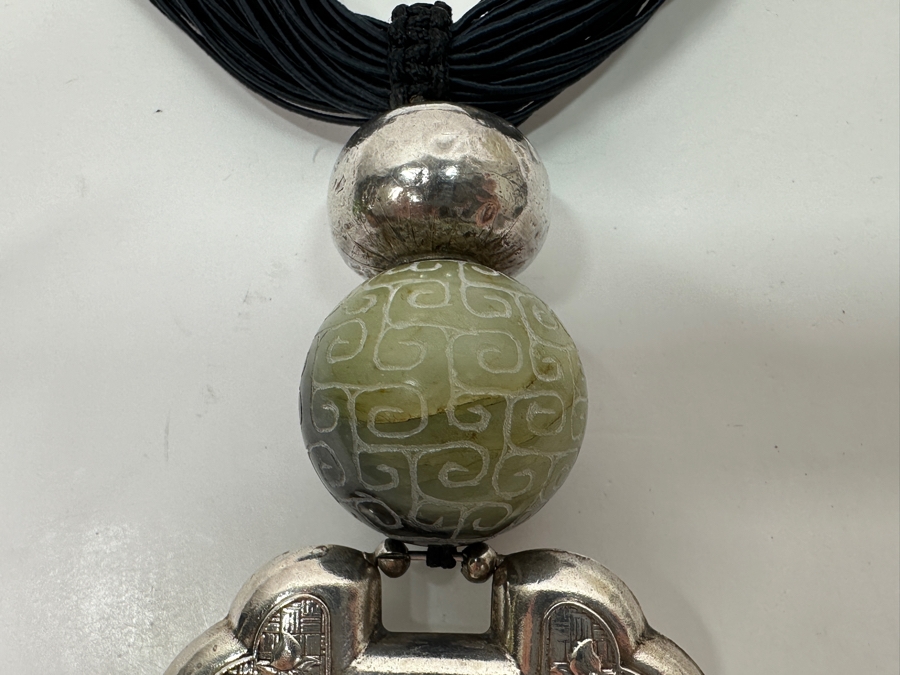 Just Added - Stunning Chinese Statement Necklace With 99% Silver Double-Sided Pendant And Carved Green Stone Ball 78.8g [Photo 7]