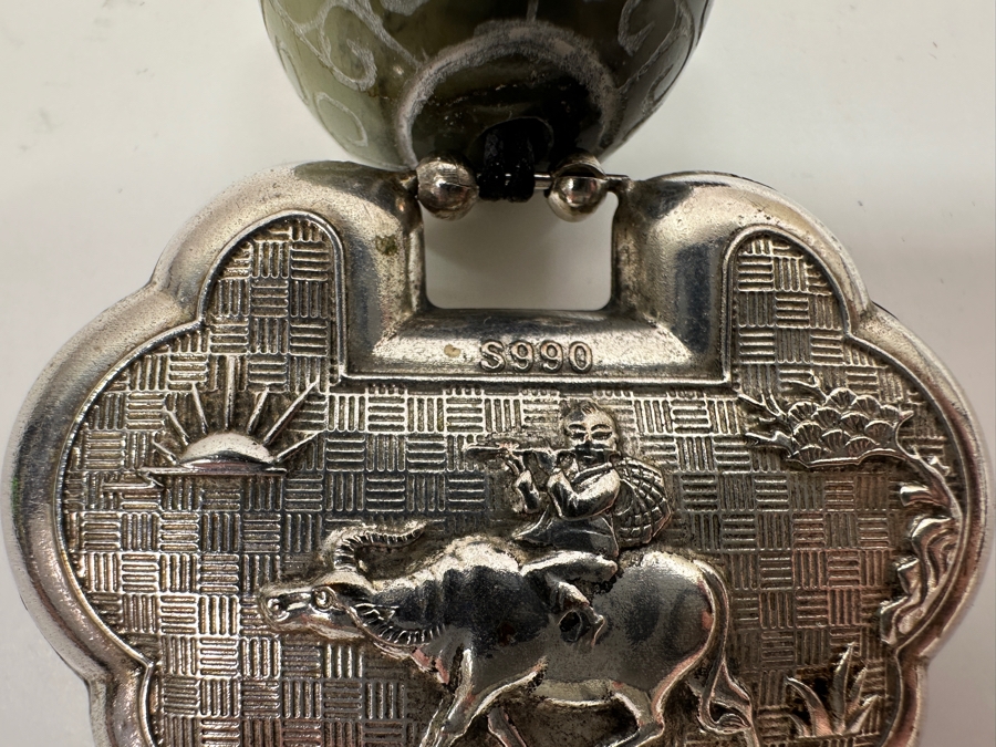 Just Added - Stunning Chinese Statement Necklace With 99% Silver Double-Sided Pendant And Carved Green Stone Ball 78.8g [Photo 11]