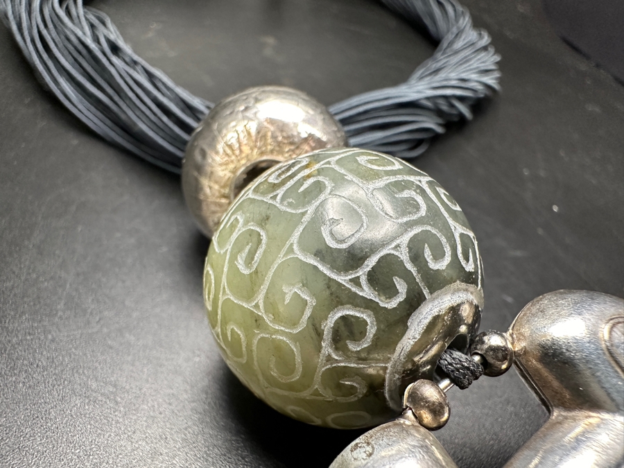 Just Added - Stunning Chinese Statement Necklace With 99% Silver Double-Sided Pendant And Carved Green Stone Ball 78.8g [Photo 21]