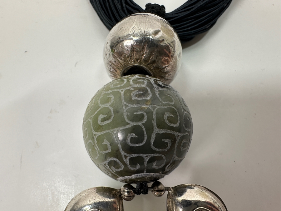 Just Added - Stunning Chinese Statement Necklace With 99% Silver Double-Sided Pendant And Carved Green Stone Ball 78.8g [Photo 13]