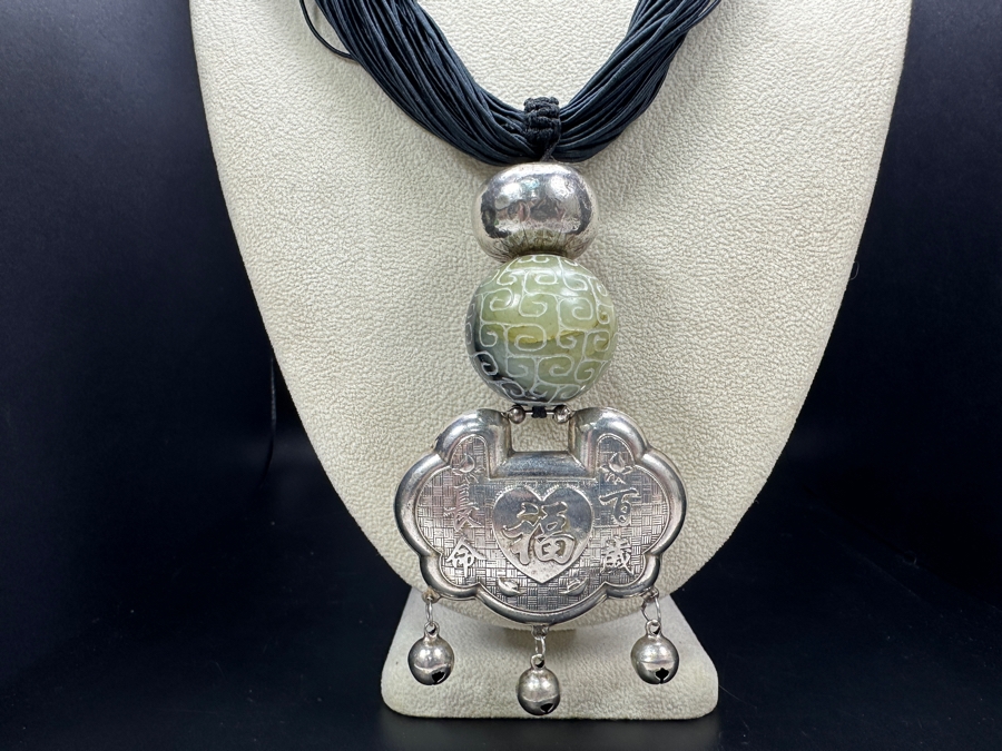 Just Added - Stunning Chinese Statement Necklace With 99% Silver Double-Sided Pendant And Carved Green Stone Ball 78.8g [Photo 16]