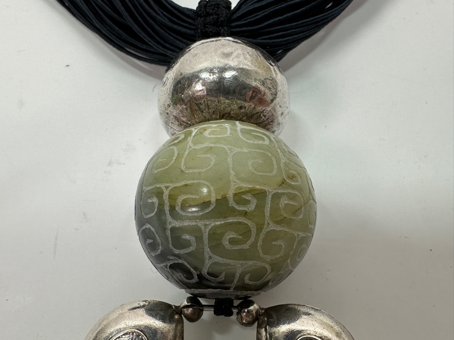 Just Added - Stunning Chinese Statement Necklace With 99% Silver Double-Sided Pendant And Carved Green Stone Ball 78.8g [Photo 6]