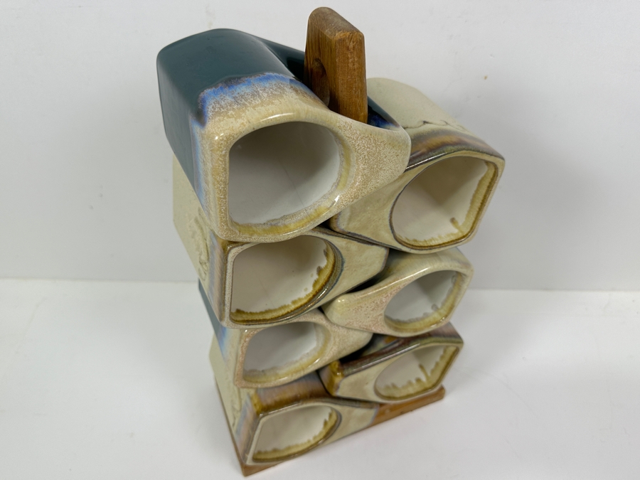 Just Added - Rodolfo Padilla (7) Stackable Drip Glaze Studio Pottery Coffee Mugs With Wooden Stand 14'H [Photo 4]