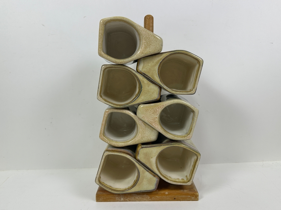 Just Added - Rodolfo Padilla (7) Stackable Drip Glaze Studio Pottery Coffee Mugs With Wooden Stand 14'H [Photo 5]