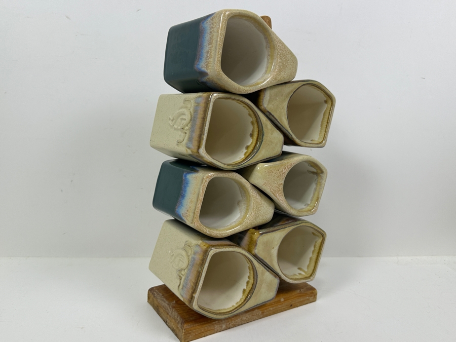 Just Added - Rodolfo Padilla (7) Stackable Drip Glaze Studio Pottery Coffee Mugs With Wooden Stand 14'H [Photo 3]