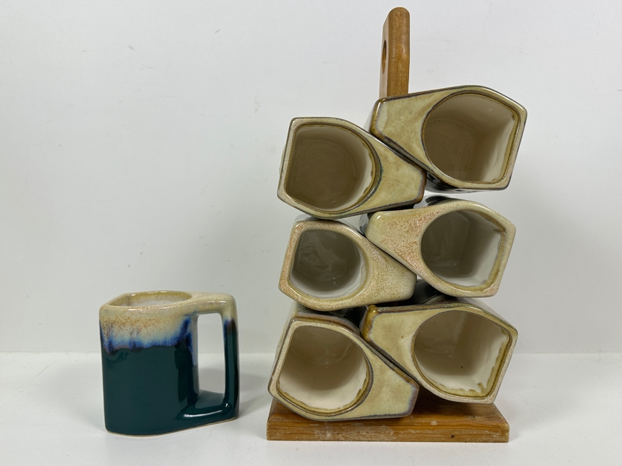 Just Added - Rodolfo Padilla (7) Stackable Drip Glaze Studio Pottery Coffee Mugs With Wooden Stand 14'H [Photo 6]