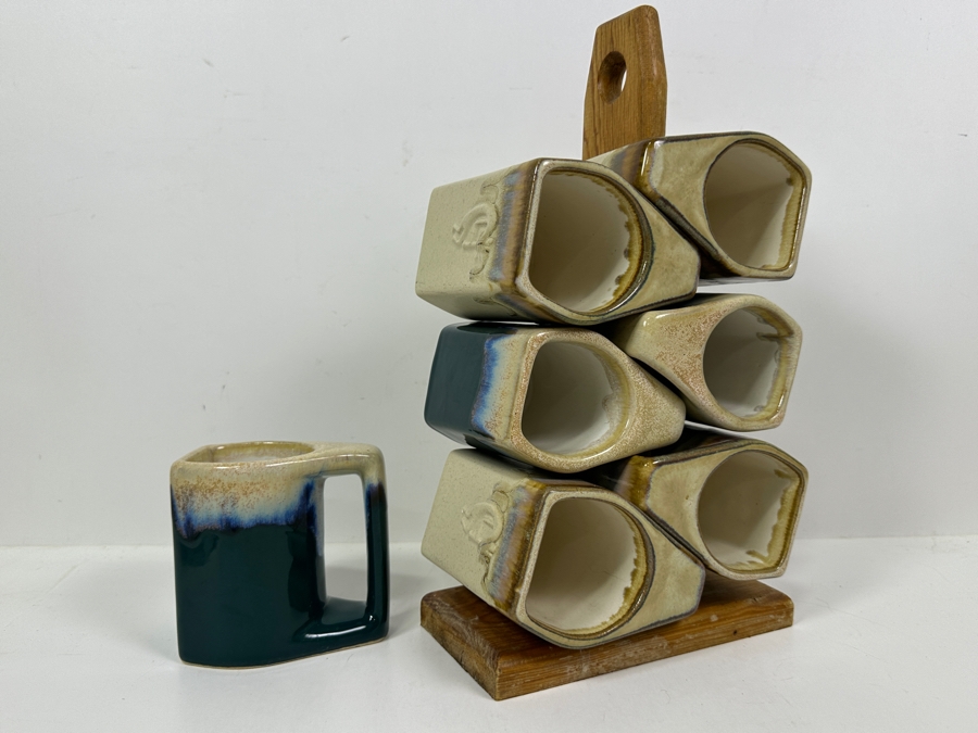 Just Added - Rodolfo Padilla (7) Stackable Drip Glaze Studio Pottery Coffee Mugs With Wooden Stand 14'H [Photo 7]