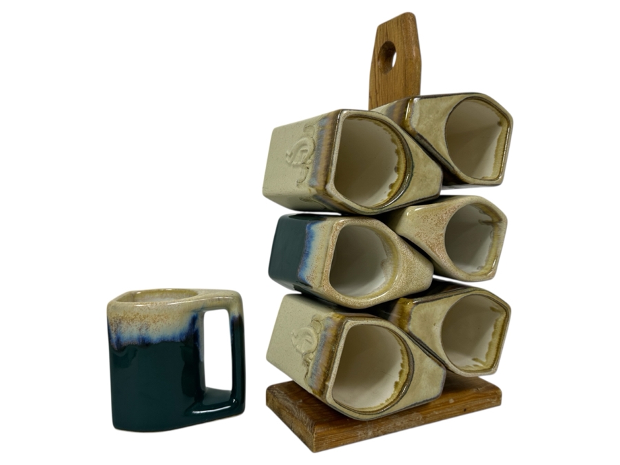Just Added - Rodolfo Padilla (7) Stackable Drip Glaze Studio Pottery Coffee Mugs With Wooden Stand 14'H