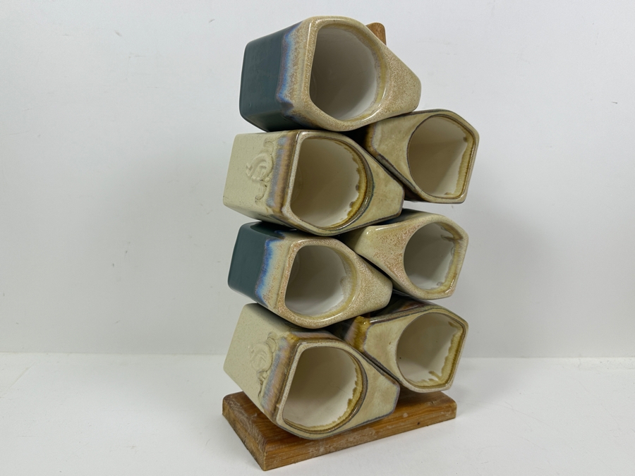Just Added - Rodolfo Padilla (7) Stackable Drip Glaze Studio Pottery Coffee Mugs With Wooden Stand 14'H [Photo 2]