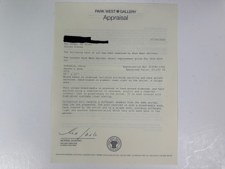 Just Added - Chris DeRubeis Original Mixed Media Painting On Aluminum Signed Lower Right By Artist Titled 'Heaven's Dove' 12 X 19.5 Framed 19.5 X 27.5 With C.O.A. Appraised At $3,200 [Photo 9]