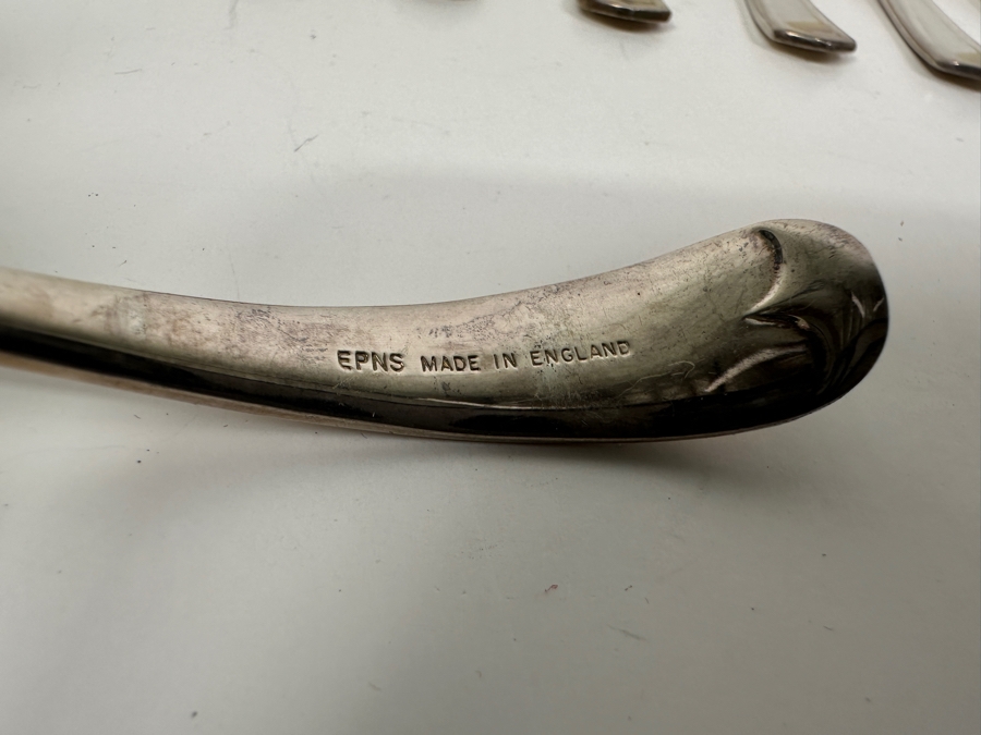 Just Added - Vintage Rosewood Handle Salad Spoon & Fork Set With Box, (16) Silverplate Seafood Forks & (4) English Silverplate Small Ladle Sauce Spoons [Photo 5]