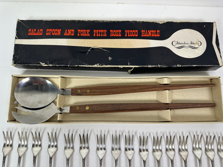 Just Added - Vintage Rosewood Handle Salad Spoon & Fork Set With Box, (16) Silverplate Seafood Forks & (4) English Silverplate Small Ladle Sauce Spoons [Photo 2]