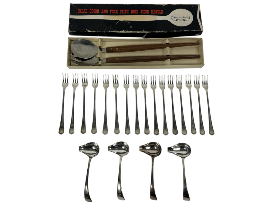 Just Added - Vintage Rosewood Handle Salad Spoon & Fork Set With Box, (16) Silverplate Seafood Forks & (4) English Silverplate Small Ladle Sauce Spoons