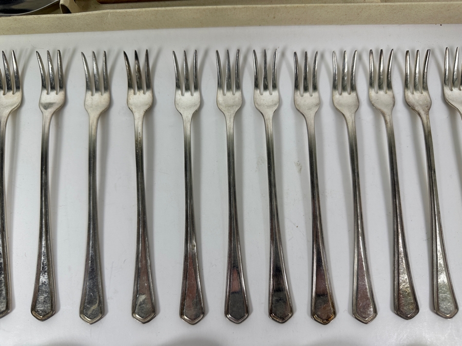 Just Added - Vintage Rosewood Handle Salad Spoon & Fork Set With Box, (16) Silverplate Seafood Forks & (4) English Silverplate Small Ladle Sauce Spoons [Photo 3]