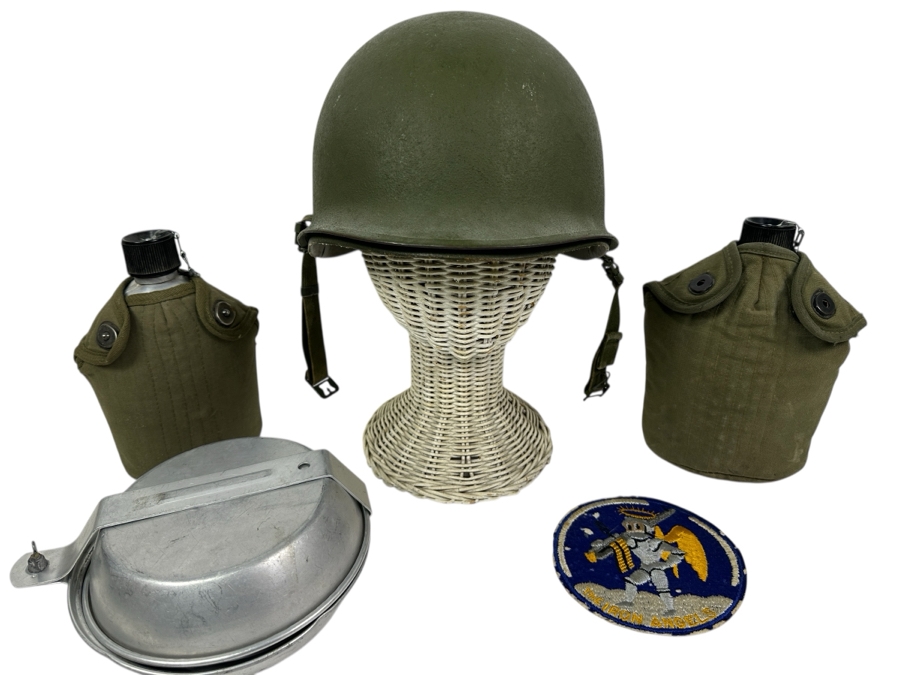 Just Added - US Military WWII/Vietnam M1 Metal Helmet, Pair Of Canteens, Mess Kit & USN WWII VF-14 The Iron Angels US Military Flight Jacket Patch
