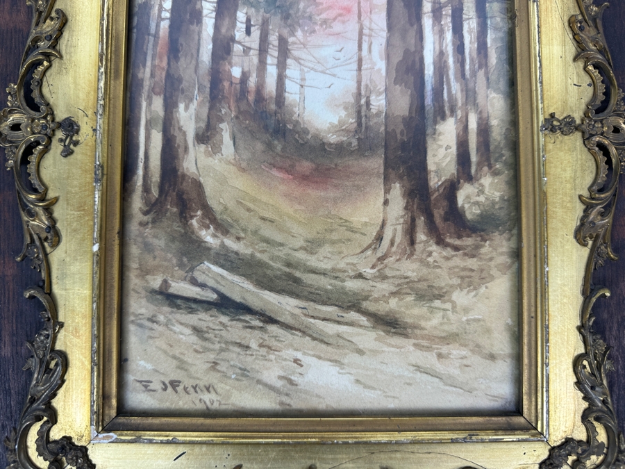 Elbridge J. Fenn (1857-1934, United States) Original Landscape Watercolor Painting On Paper Signed Lower Right E J Fenn 1902 6' X 9' In Antique Frame 14' X 18.5' [Photo 4]