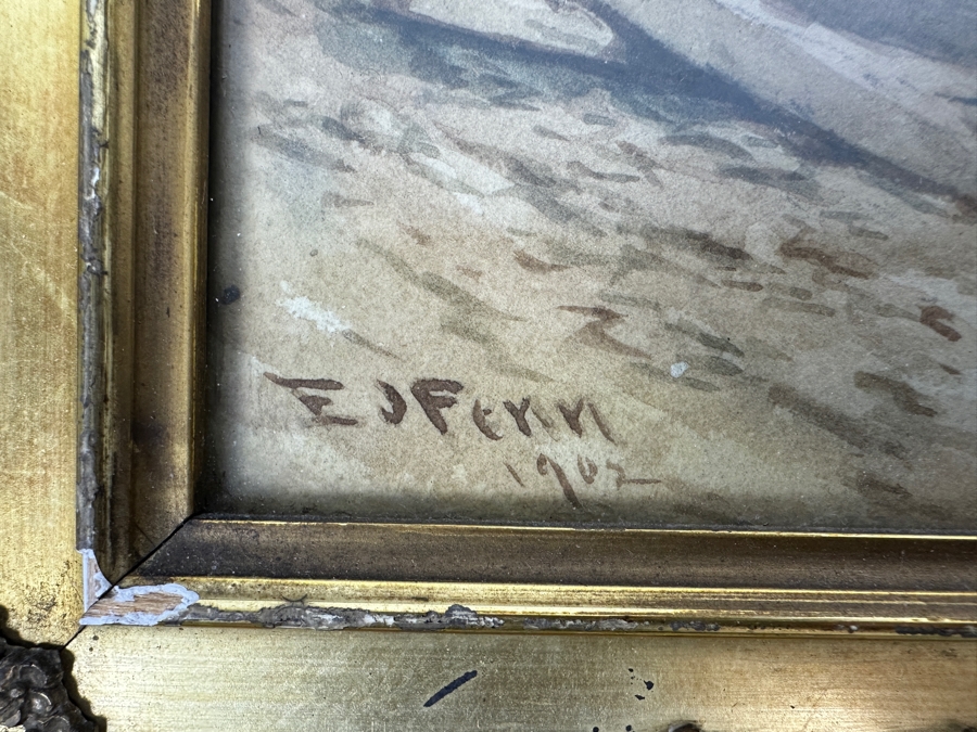 Elbridge J. Fenn (1857-1934, United States) Original Landscape Watercolor Painting On Paper Signed Lower Right E J Fenn 1902 6' X 9' In Antique Frame 14' X 18.5' [Photo 5]