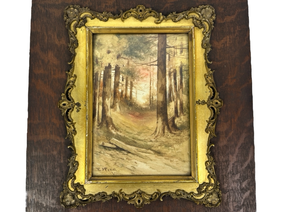 Elbridge J. Fenn (1857-1934, United States) Original Landscape Watercolor Painting On Paper Signed Lower Right E J Fenn 1902 6' X 9' In Antique Frame 14' X 18.5'