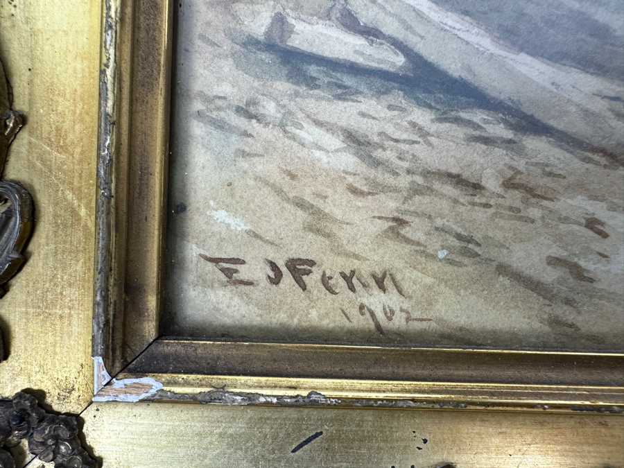 Elbridge J. Fenn (1857-1934, United States) Original Landscape Watercolor Painting On Paper Signed Lower Right E J Fenn 1902 6' X 9' In Antique Frame 14' X 18.5' [Photo 6]