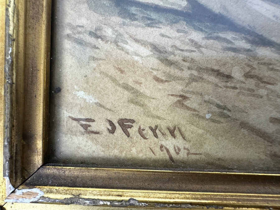 Elbridge J. Fenn (1857-1934, United States) Original Landscape Watercolor Painting On Paper Signed Lower Right E J Fenn 1902 6' X 9' In Antique Frame 14' X 18.5' [Photo 7]